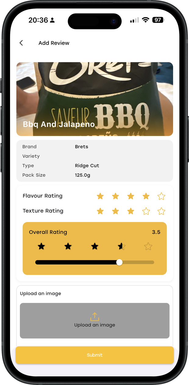Adding a review with flavour rating, texture rating and an overall score