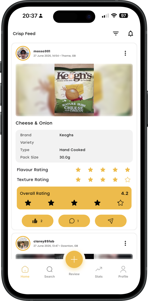 Eat Crisps home feed showing recent crisp reviews from the community