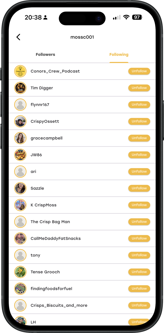 A user's following list of other Crispaholics