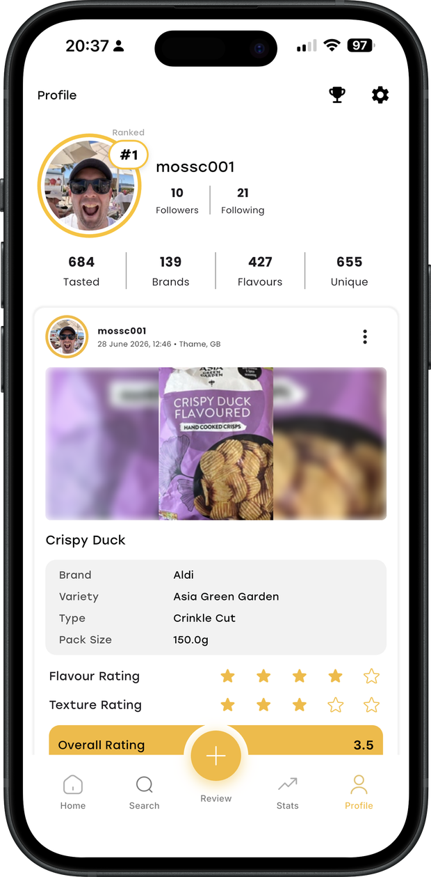 A user profile showing crisps tasted, brands, flavours and current leaderboard rank