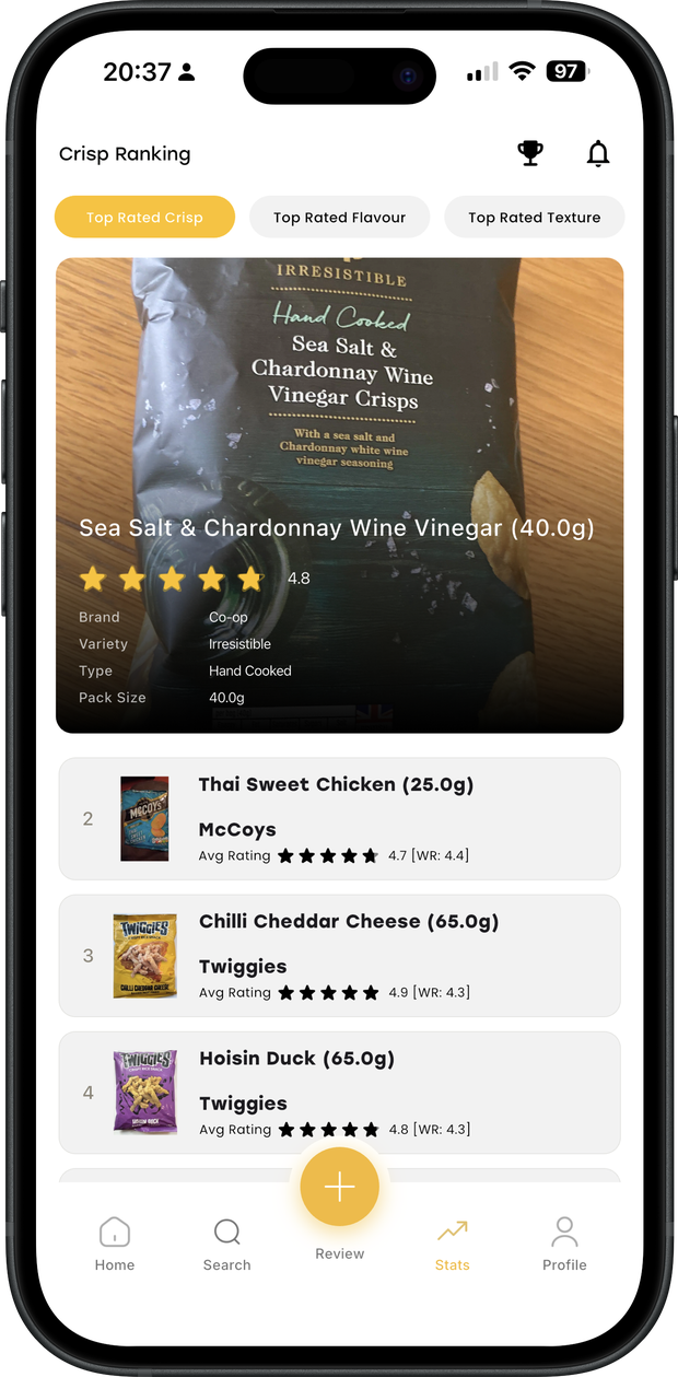 Top rated crisp ranking screen showing the highest scoring bags