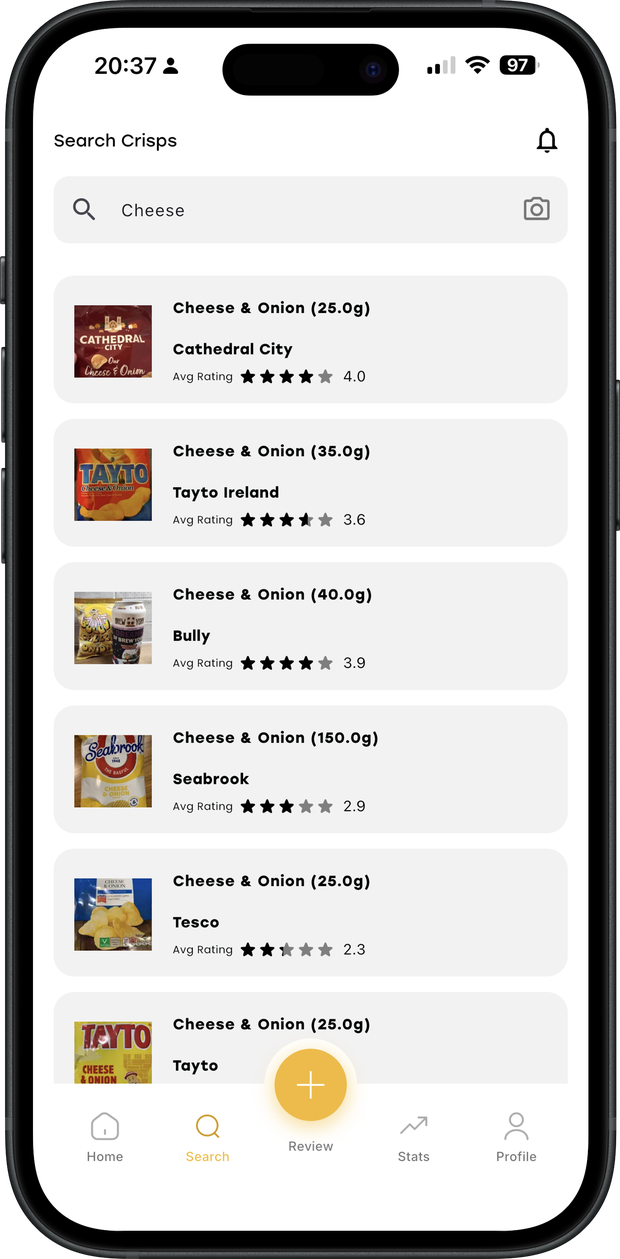 Search results comparing cheese and onion crisps across brands with average ratings